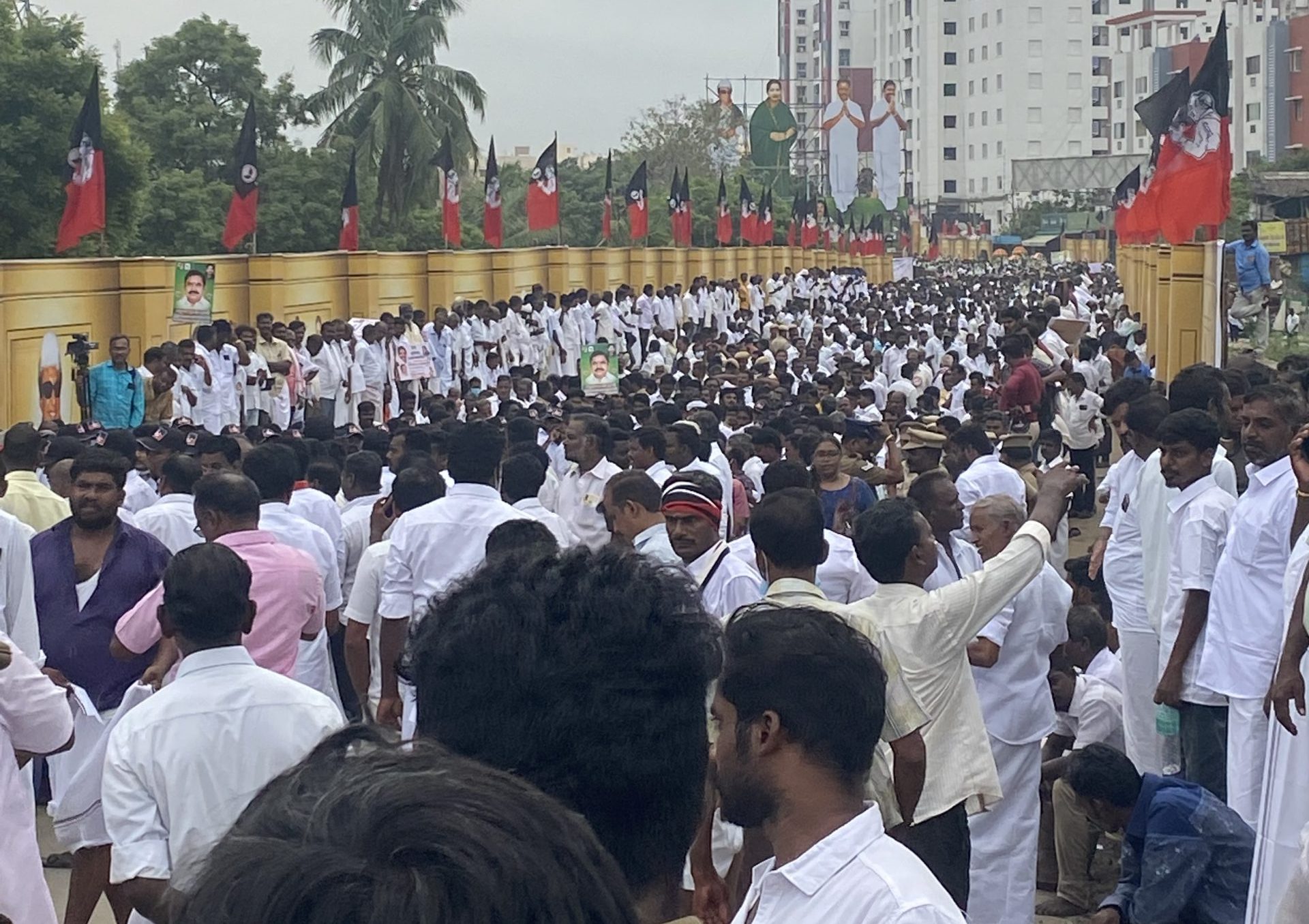 AIADMK supporters gathered at the entrance of the private marriage hall where the general council meeting was held