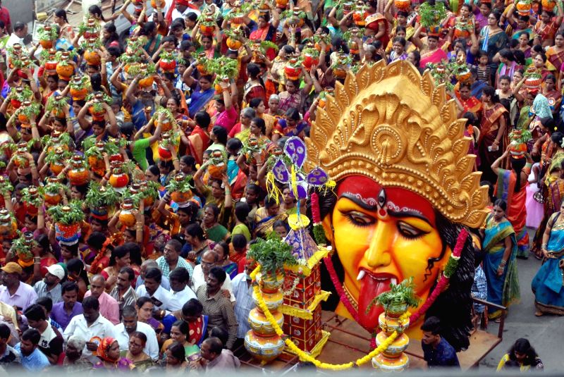 Telangana Hindu festival Bonalu celebrations taking place.