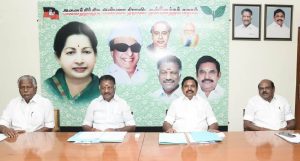 AIADMK leaders O Panneerselvam (second from left) and E Palaniswami (third from left) at a part meeting. (Twitter/AIADMKOfficial)