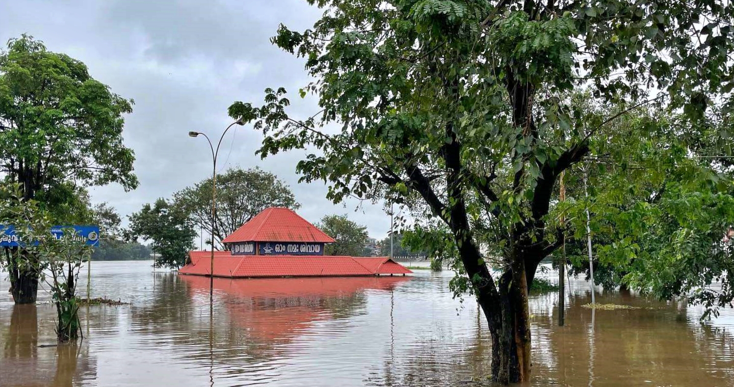 The inundated Aluva Mahadeva temple as the flood water washed the Aluva-Munnar road on 2 August (South First)