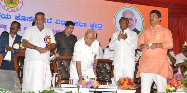 Karnataka Law and Parliamentary Affairs Minister JC Madhuswamy (left) with former Chief Minister BS Yediyurappa, ministers MTB Nagaraj and R Ashoka. File Photo