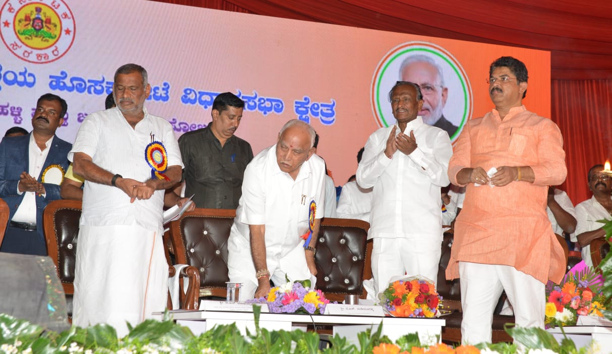 Karnataka Law and Parliamentary Affairs Minister JC Madhuswamy (left) with former Chief Minister BS Yediyurappa, ministers MTB Nagaraj and R Ashoka. File Photo