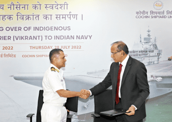 Madhu S. Nair, Chairman and Managing Director, CSL and the Commanding Officer (Designate) of the vessel Commodore Vidhyadhar Harke Signs the acceptance form of the contract.