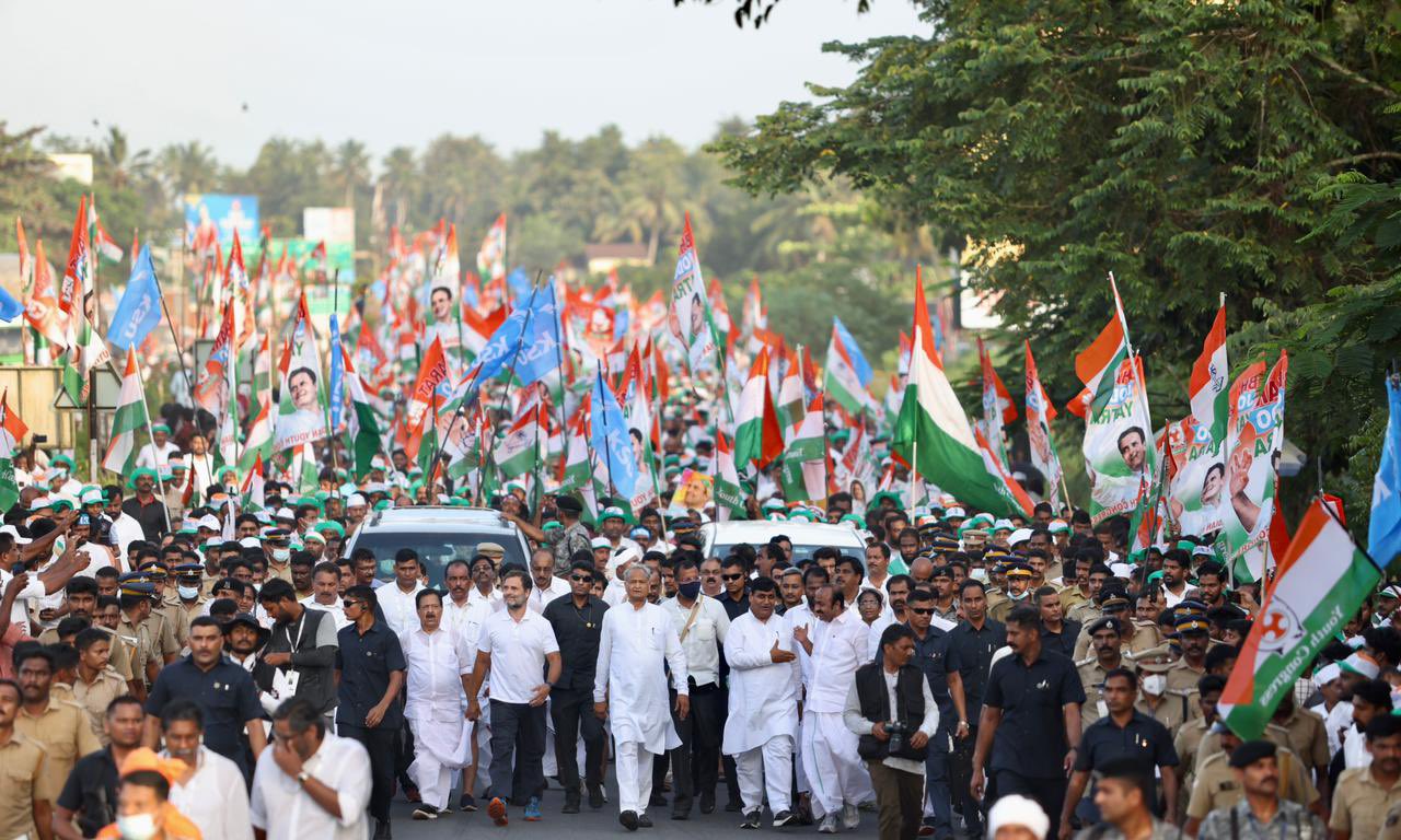 Rajasthan Chief Minister and likely contender for Congress president post Ashok Gehlot in the upcoming poll at the Bharat Jodo Yatra with Rahul Gandhi in Ernakulam on Thursday