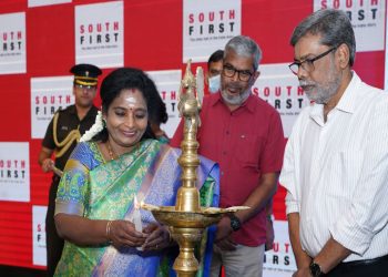 Telangana Governor Dr Tamilisai Soundararajan lighting the lamp at the launch of South First news portal on Saturday, 17 September in Hyderabad. (South First)