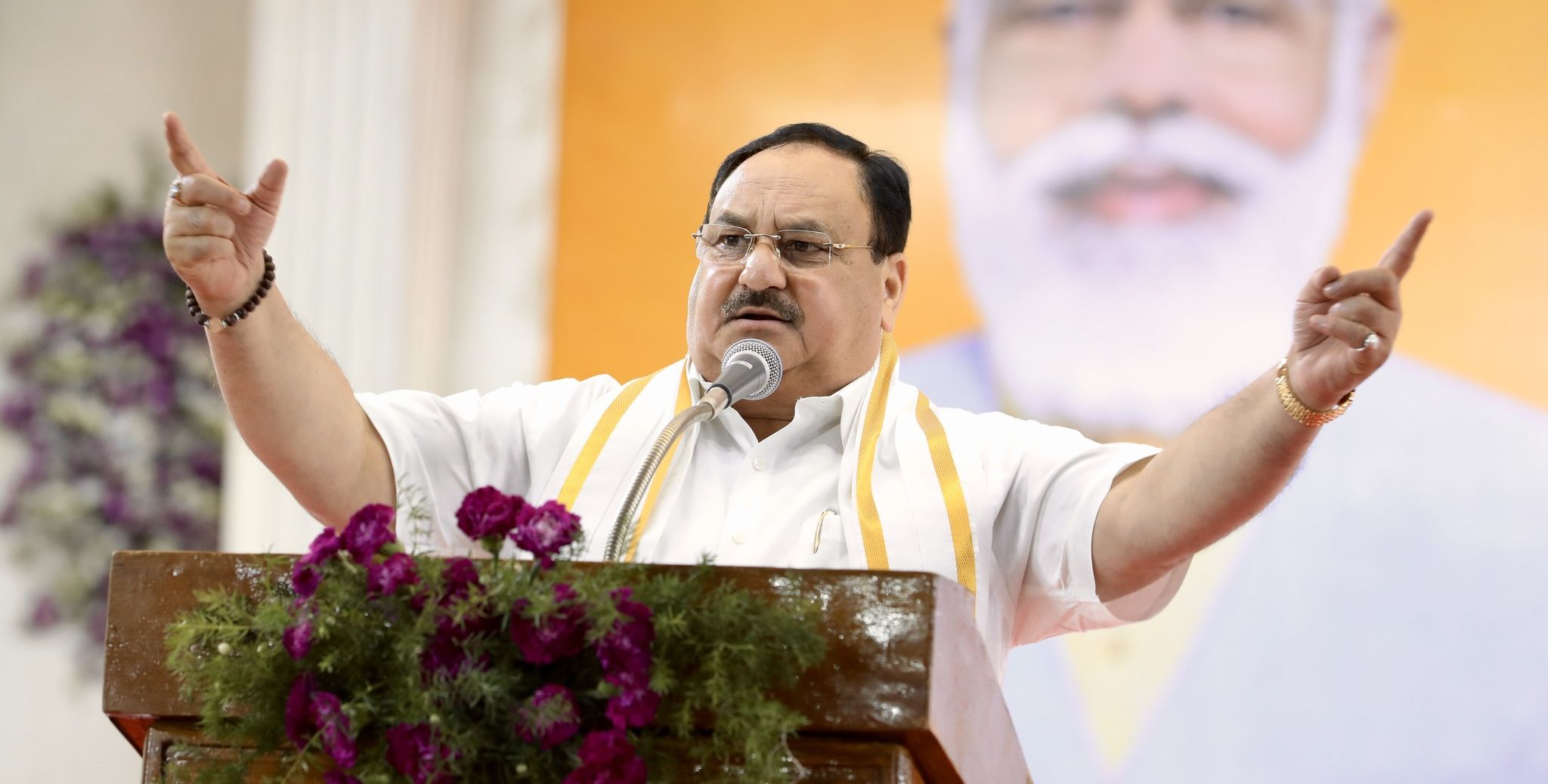 BJP president JP Nadda addresses party cadres during inauguration of new party offices in both Telugu states. (Twitter)