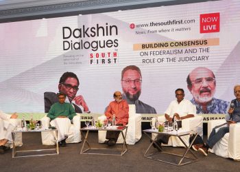 From left: AIMIM chief and Lok Sabha member Asaduddin Owaisi, Prof Mohan Gopal, former Kerala finance minister Thomas Isaac, retired Supreme Court judge Justice Jasti Chelameswar, and veteran journalist Bala Murali Krishna participate in the first panel of Dakshin Dialogues 2022 on Saturday, 17 September, 2022. (South First)