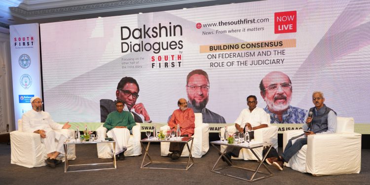 From left: AIMIM chief and Lok Sabha member Asaduddin Owaisi, Prof Mohan Gopal, former Kerala finance minister Thomas Isaac, retired Supreme Court judge Justice Jasti Chelameswar, and veteran journalist Bala Murali Krishna participate in the first panel of Dakshin Dialogues 2022 on Saturday, 17 September, 2022. (South First)