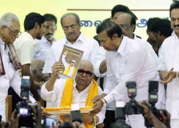 File photo shows former Tamil Nadu chief minister M Karunanidhi releasing the DMK manifesto with its poll promises ahead of the 2016 polls. DMK leaders Durai Murugan, K Anbazhagan, TR Baalu, MK Stalin, and Kanimozhi are among those present. The EC nows seeks to ask minute details about poll promises