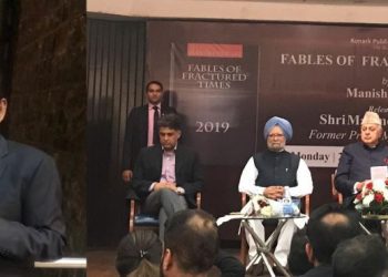 (Left) Founder of Konark Publishers KPR Nair with Congress leader Manish Tewari at the launch of the latter's book 'Fables of Fractured Times'. (Right) Tewari with former prime minister Manmohan Singh, former J&K chief minister Farooq Abdullah, author-diplomat and former MP Pavan Varma, and journalist Rajdeep Sardesai at the book launch on 26 November 2018