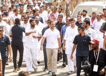 Author of the article and KPCC Vice-president VT Balram with Rahul Gandhi during the Bharat Jodo Yatra. (Supplied)