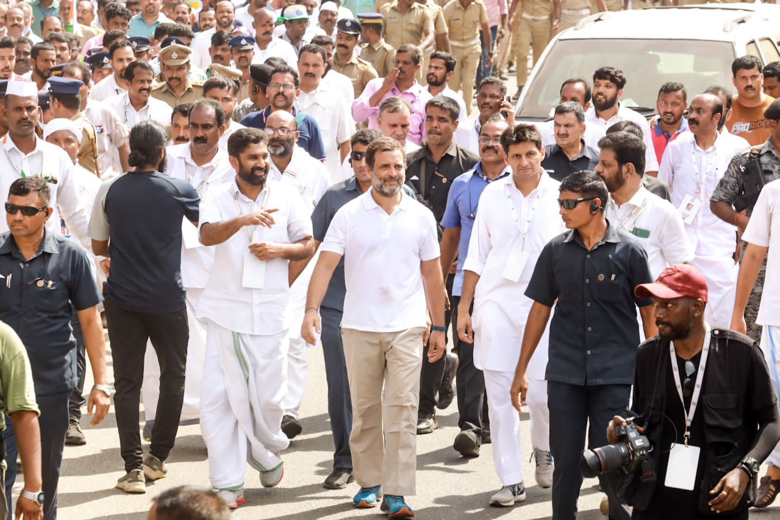 Author of the article and KPCC Vice-president VT Balram with Rahul Gandhi during the Bharat Jodo Yatra. (Supplied)