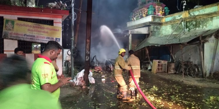 Firefighters at the scene of the Coimbatore blast. (Supplied)