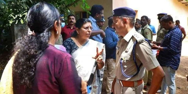 Kerala women's commission chairperson P Sathidevi visits the house in Pathanamthitta where two women were murdered as part of black magic. (K B Jayachandran/South First)