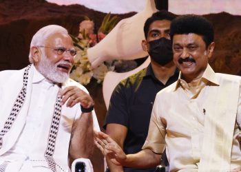 Prime Minister Narendra Modi with Tamil Nadu Chief Minister MK Stalin during the inauguration of the Chess Olympiad on July 28