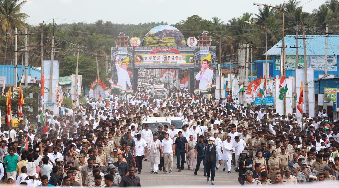 Bharat Jodo Yatra at Turuvekere in Tumakuru in Karnataka on Saturday. (Supplied)