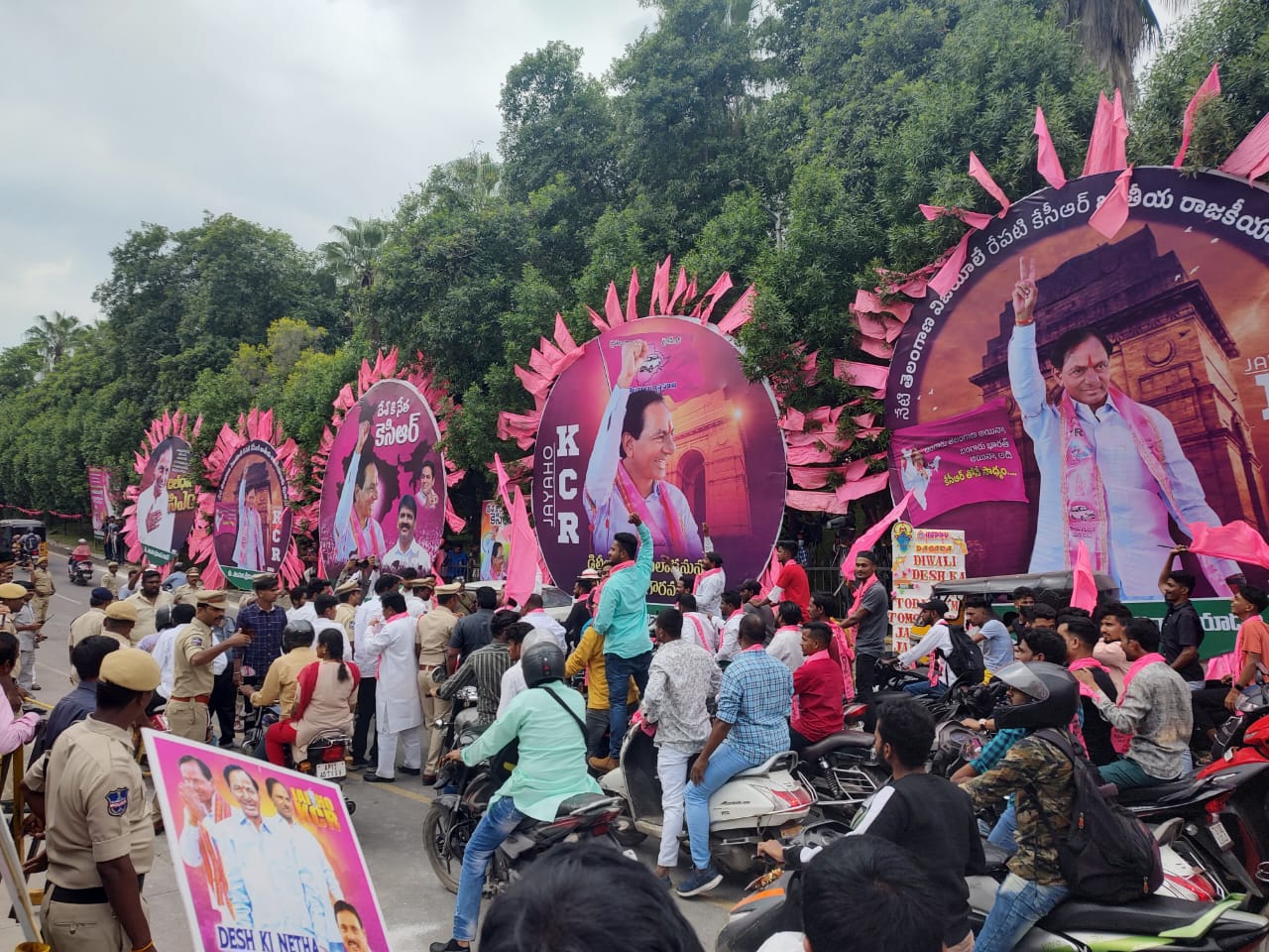 Massive hoardings hailing Telangana Chief Minister and TRS Chief K CHandrashekhar Rao in Hyderabad on Wednesday. (Ajay Tomar/South First)