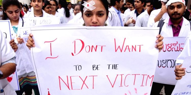 File pic of doctors protesting in Karnataka after an assault on medical professional.