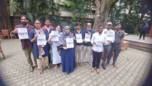 Firdouse Khan at the report release of Criminalising Practice of Faith: Attack on Christians in Karnataka, in 2021. Manavi Atri (fourth from left), Maitreyi Krishnan (sixth from left) and Tanveer Ahmed (second from right) can also be seen 