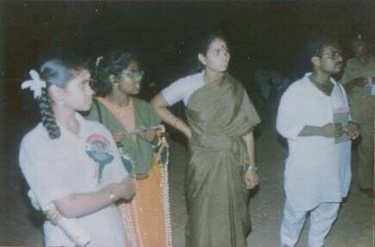 The suicide bomber Dhanu (second from left) just before the Rajiv Gandhi assassination. Long before LTTE's creation, Dhanu's father Rajaratnam formed the Puli Padai along with around 40 others