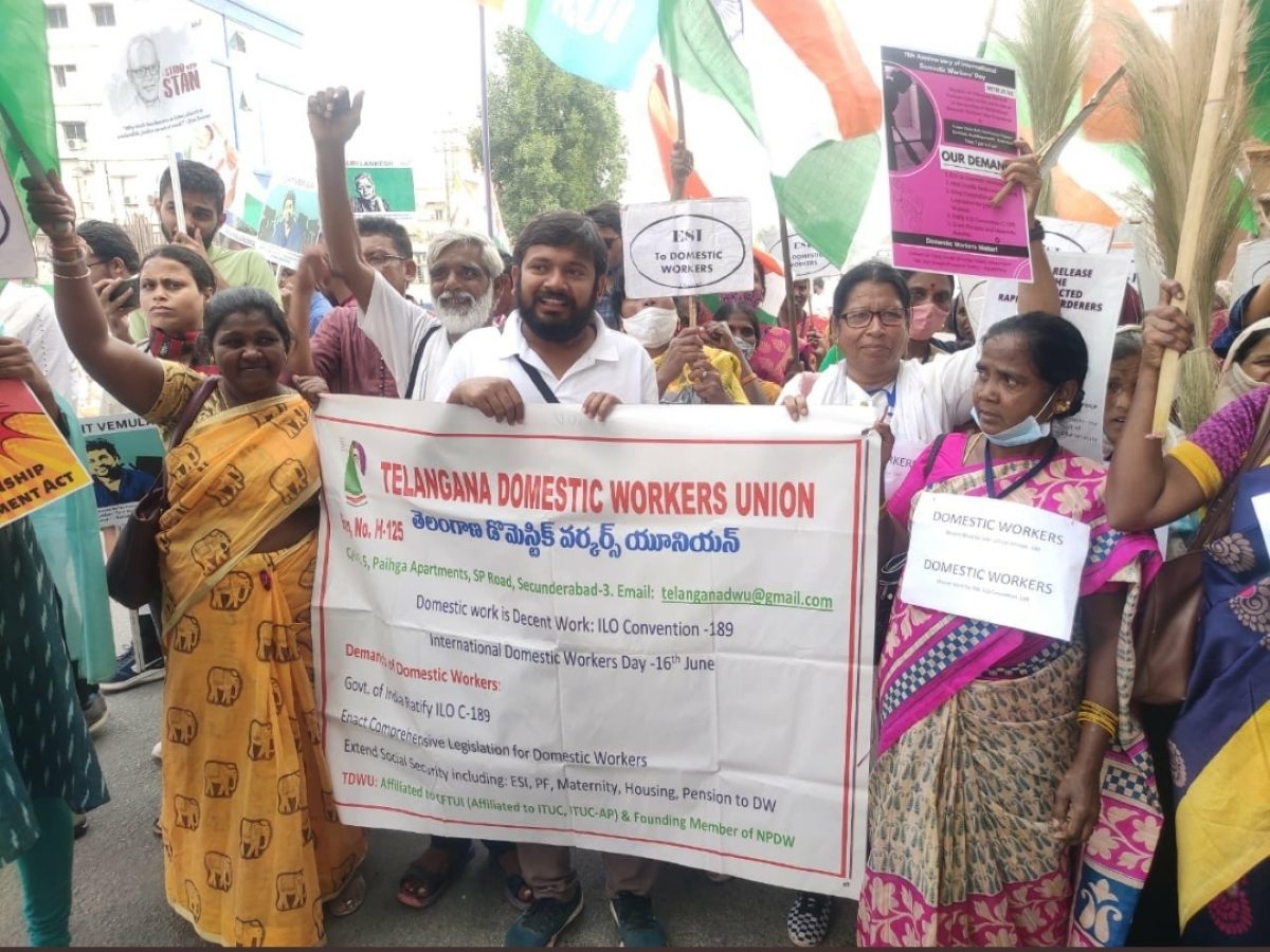 Domestic workers and unions with Congress leader Kanhaiya Kumar at Bharat Jodo Yatra in Hyderabad.