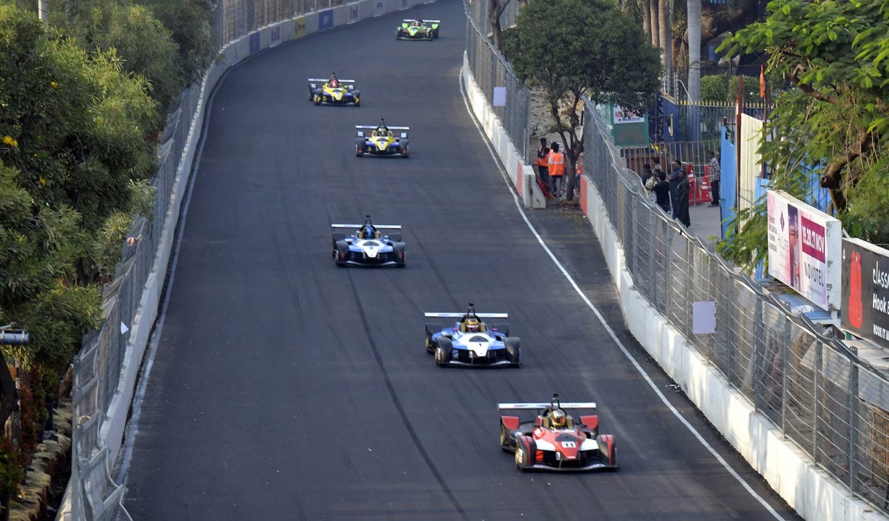 A race underway at the two-day Formula E event known as Indian Racing League In Hyderabad.