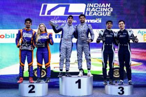 (from left to right) - Godspeed Kochi, Hyderabad Blackbirds and Goa Aces players at the podium after the feature race on 27 November at the MIC. 
