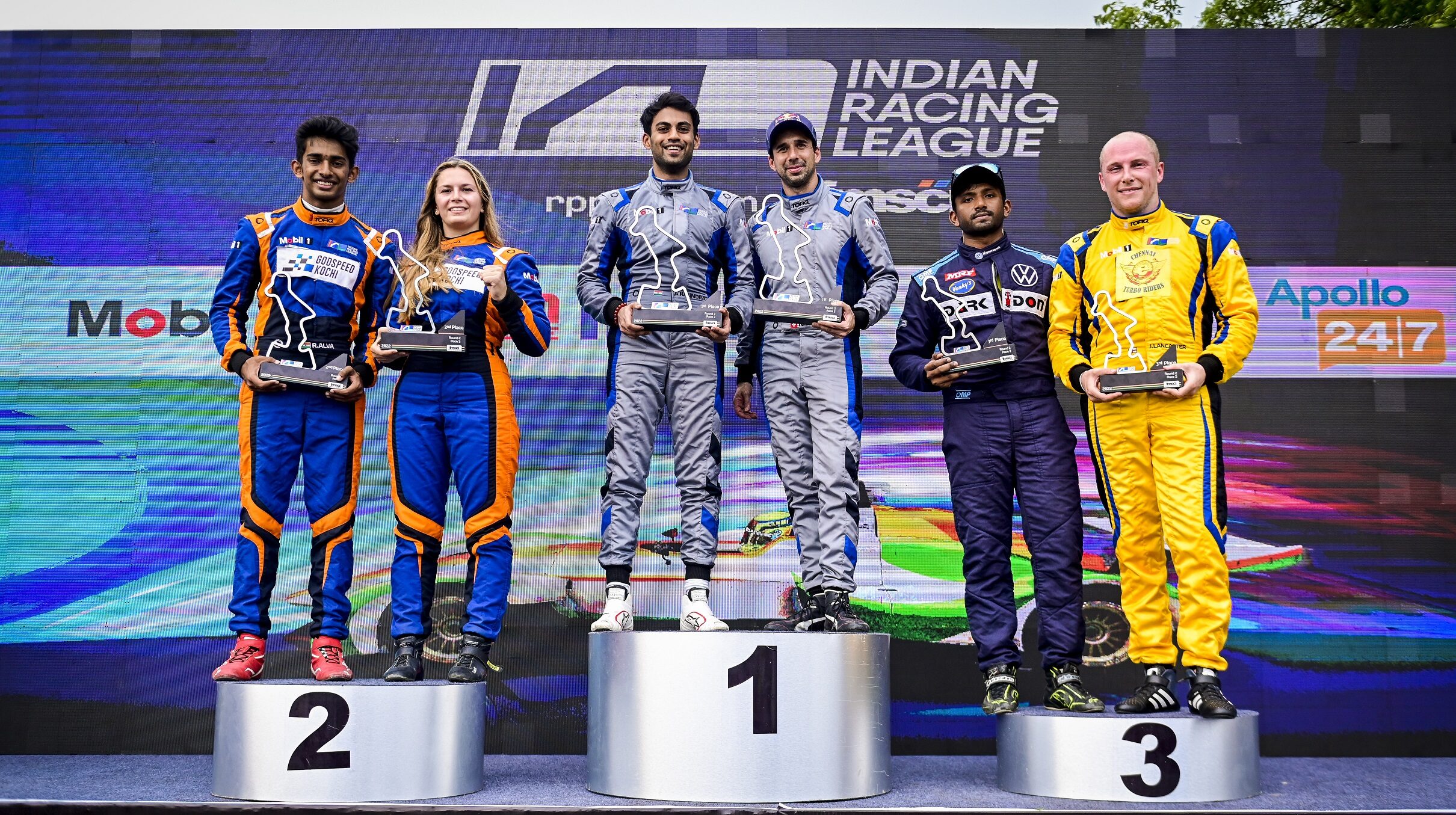 (from left to right) - Godspeed Kochi, Hyderabad Blackbirds and Chennai Turbo Riders at the podium after the sprint race on 27 November at the MIC.