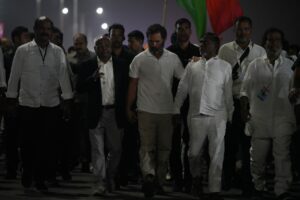 Kancha Ilaiah Shepherd with Rahul Gandhi during the Bharat Jodo Yatra in Telangana (Bharat Jodo team)