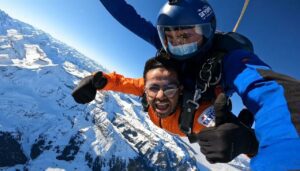 Niranjan Mukundan skydiving in Switzerland. 