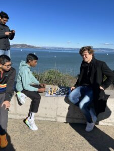 Pragg plays a friendly chess game with Magnus Carlsen ahead of the ongoing Meltwater Champions Tour Finals in San Francisco, US 
