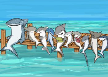 Sharks chilling at a dock, one of the many cartoons created by Anju Sabu