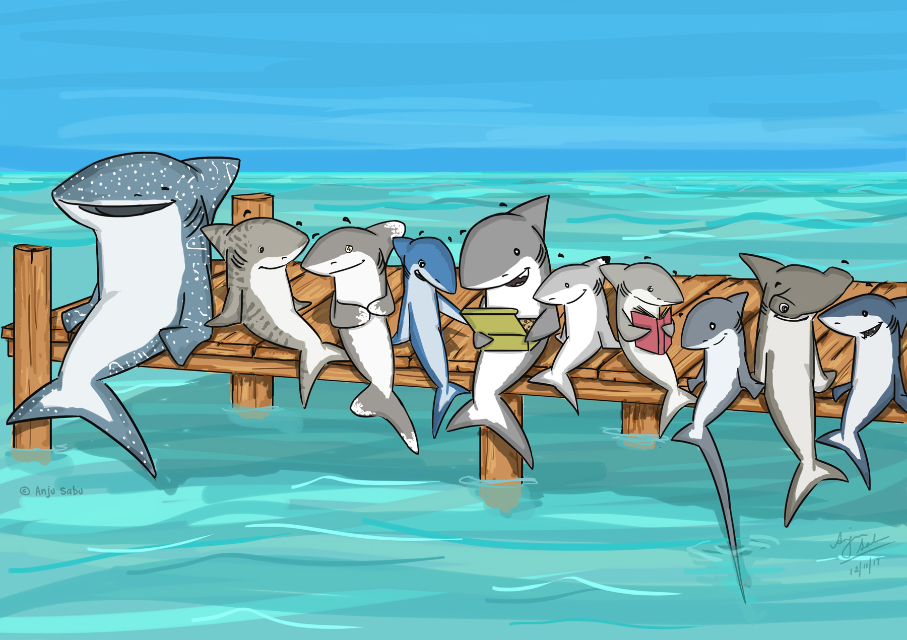 Sharks chilling at a dock, one of the many cartoons created by Anju Sabu