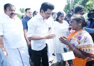Tamil Nadu Chief Minister MK Stalin speaks to woman, who has been affected by the torrential showers, on Monday, 14 November (Supplied).