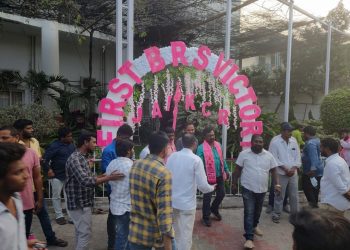 TRS workers celebrate the Munugode bypoll victory at the party headquarters in Banjara Hills, Hyderabad, on 6 November. The BJP finished second in Munugode while the Congress lost its deposit