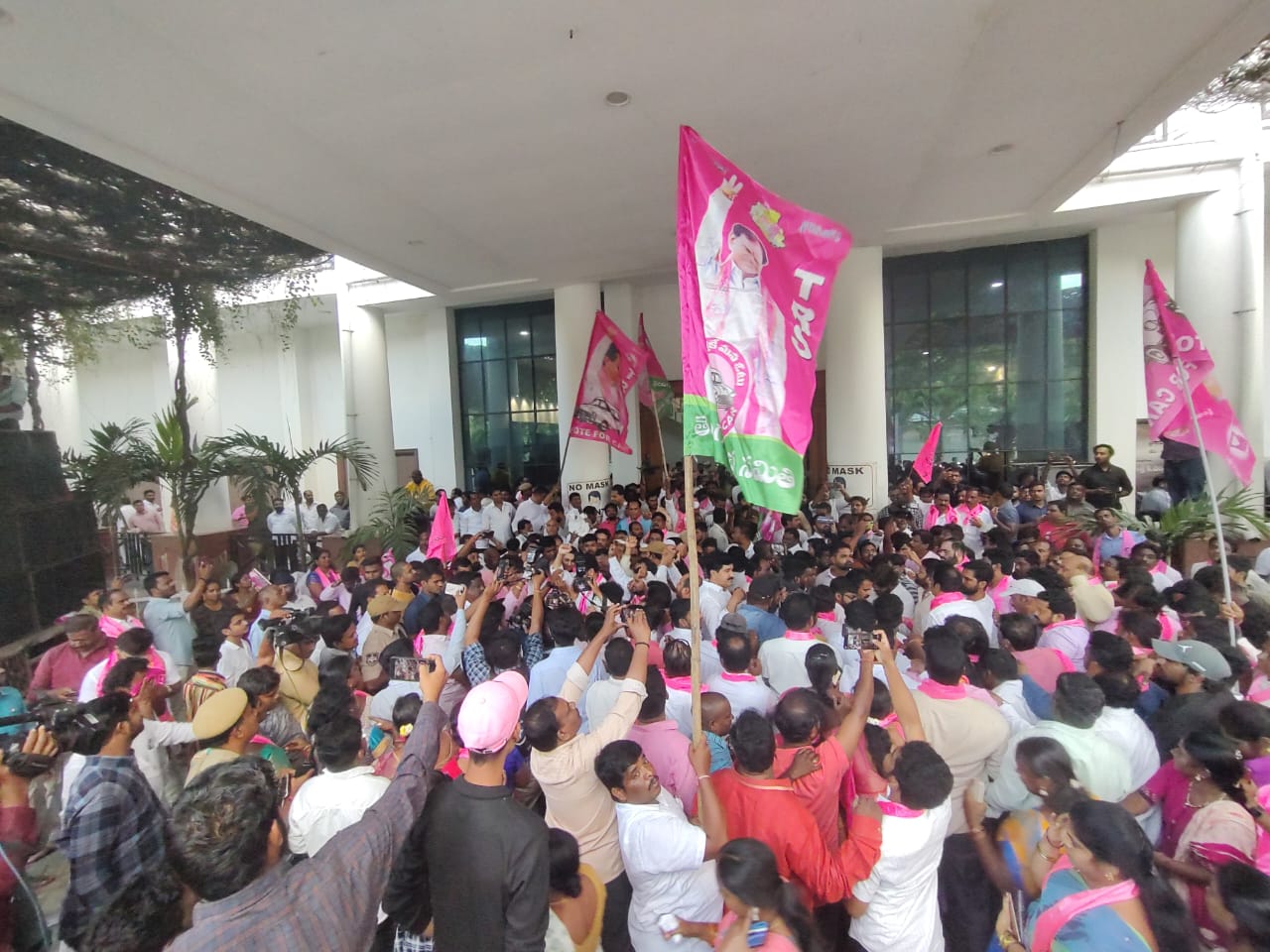 TRS workers celebrate Munugode by-poll victory at the party headquarters in Banjara Hills, Hyderabad on 6 November.