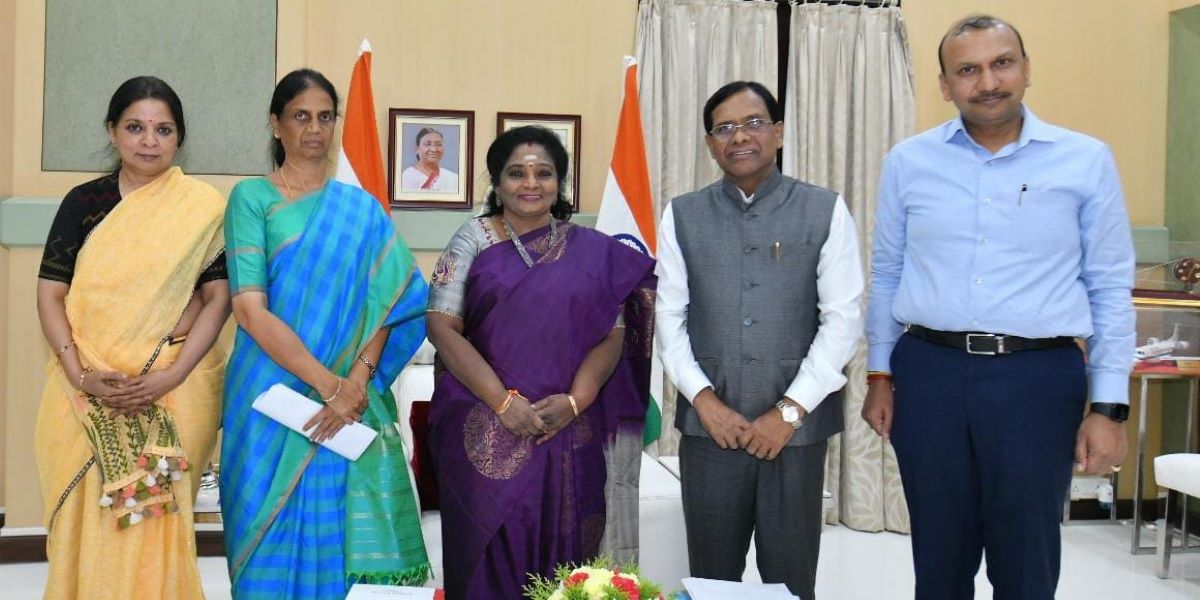 Telangana Governor Tamilisai Soundararajan (centre) with the state's Education Minister P Sabitha Indra Reddy (second from left) and other officials at the Raj Bhavan in Hyderabad on Thursday, 10 November, 2022. (Supplied)