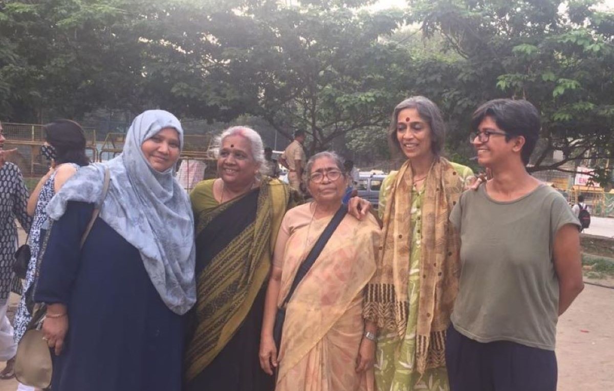Firdouse Khan (left) with Shantamma, Sister Celia, Madhu Bhushan, and Maitreyi Krishnan at a protest against rising caste atrocities and communalism in Karnataka in Freedom Park, Bengaluru