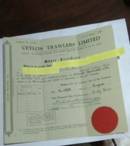 A share certificate issued by Ceylon Trawlers Limited to a Tamil in 1964 