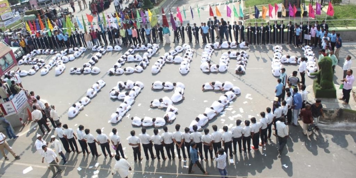 Students' formation to commemorate the Sribagh Pact in Kurnool town in Rayalaseema, Andhra, on Wednesday, 16 November, 2022. Kurnool as the judicial capital part of the Jagan government’s three capitals plan is being opposed by the TDP.