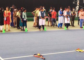 Children line up for training at Trivandrum Tennis Club on 14 November. (Supplied)