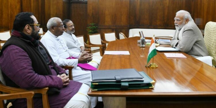 Prime Minister Narendra Modi and the CBCI's newly elected president Mar Andrews Thazhath at a meeting on Wednesday, 21 December, 2022, with Union ministers V Muraleedharan and Rajeev Chandrasekharan in attendance. (Supplied)