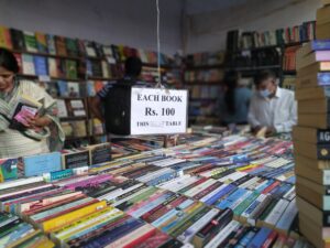 A stall offers deep discounts on books at the Hyderabad Book Fair. (Arkadev Ghoshal/South First)