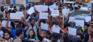 Film students of KR Narayanan Institute protest at the main venue of IFFK 2022