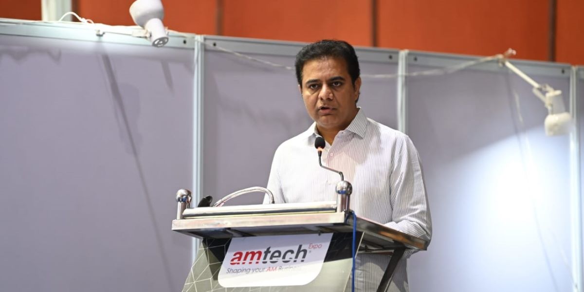 KT Rama Rao speaking at the AMTECH Expo inauguration. (MinisterKTR/Twitter)