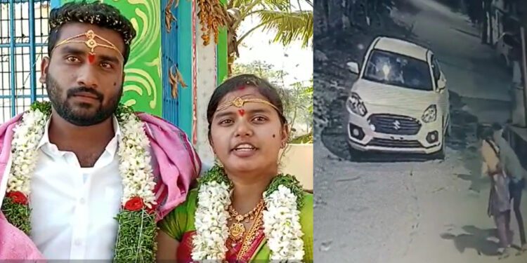 (on the left) Katkoori Gyaneshwar and Shalini Goli after they released the video in which they claimed to be married. (on the right) Gyaneshwar 'kidnapping' Shalini on Tuesday,20 December into the car in Rajanna Sircilla district of Telangana. (Screengrab)