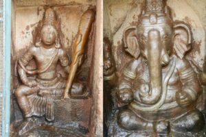 Sculptures of Lakulisha (Left) and Ganesha (Right) on the outer façade of the Arittapatti Sivan cave temple 