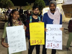 Students protest against the MANF scrapping at the UOH. 