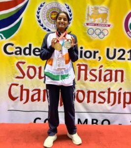 Nishta Gangisetti after winning gold and silver medal the 2022 South Asian Karate Championship in Colombo, Sri Lanka