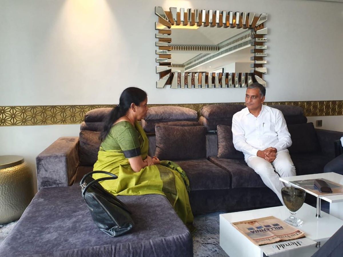 Telangana Finance Minister T Harish Rao with Union Finance Minister Nirmala Sitharaman in 2019 during a break in the GST Council Meeting where he brought up the issue of beedi workers affected by the tax